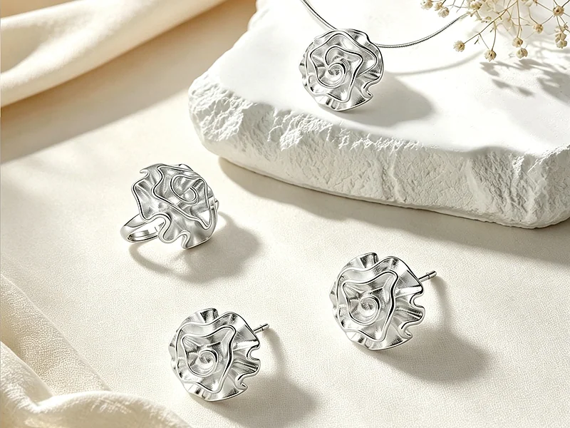 Original Rose 925 Silver Chunky Statement Pendant Necklace Ring Drop Earrings