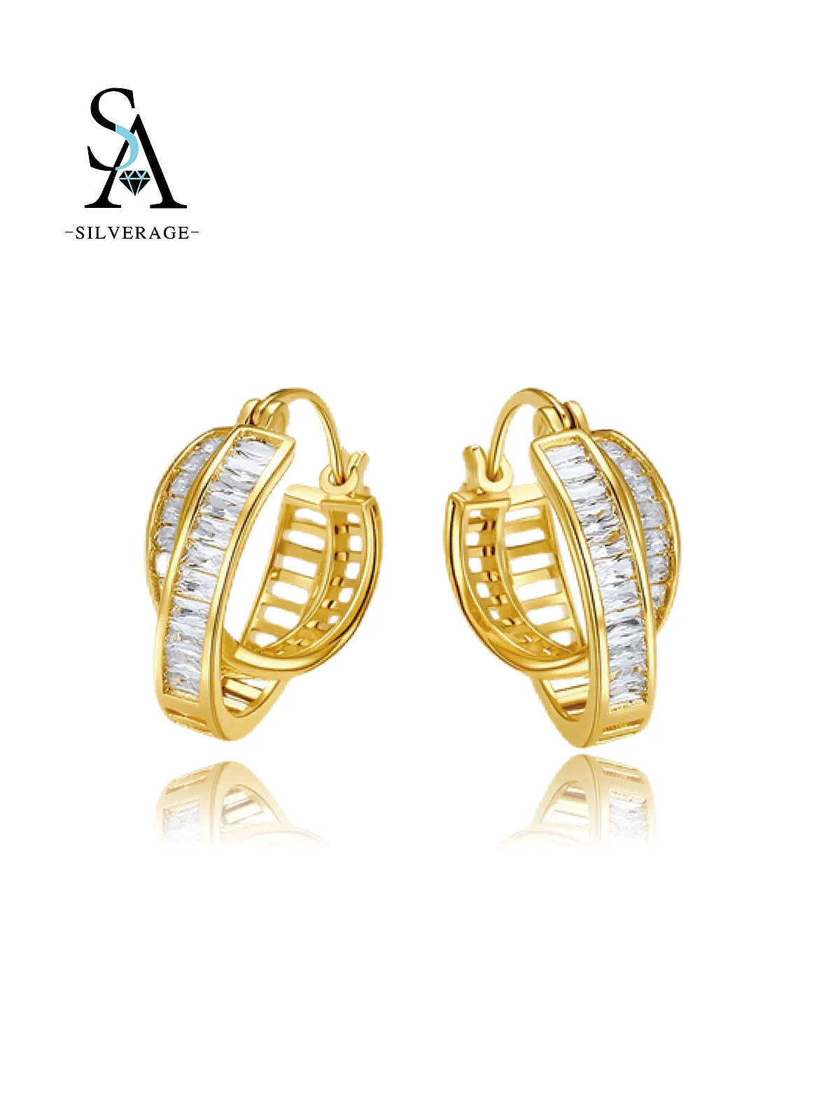 Gold Plated Double Row Baguette CZ Huggie Hoop