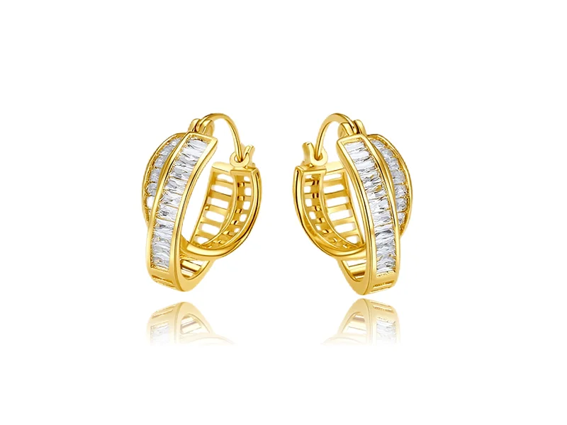 Gold Plated Double Row Baguette CZ Huggie Hoop