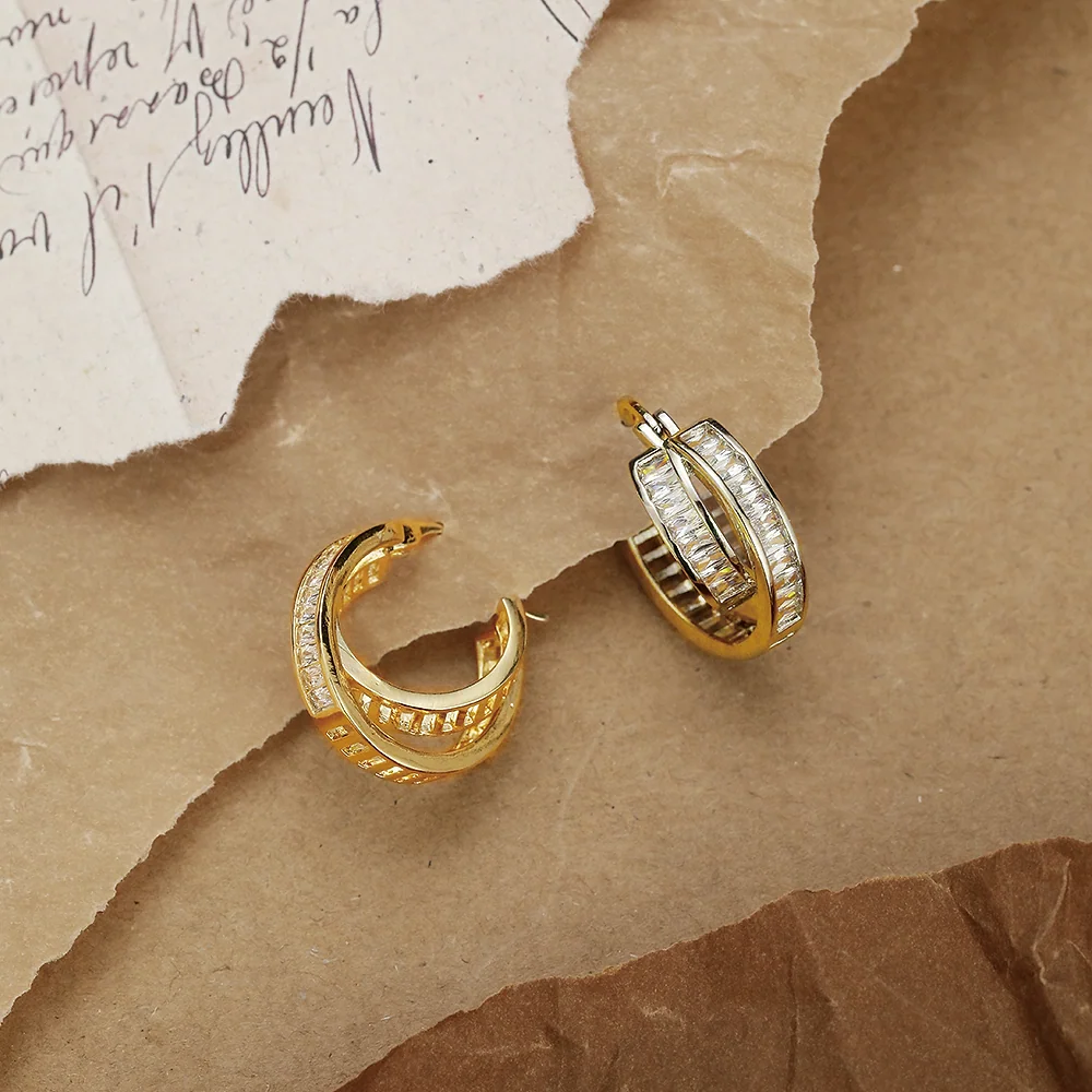 Gold Plated Double Row Baguette CZ Huggie Hoop - 3