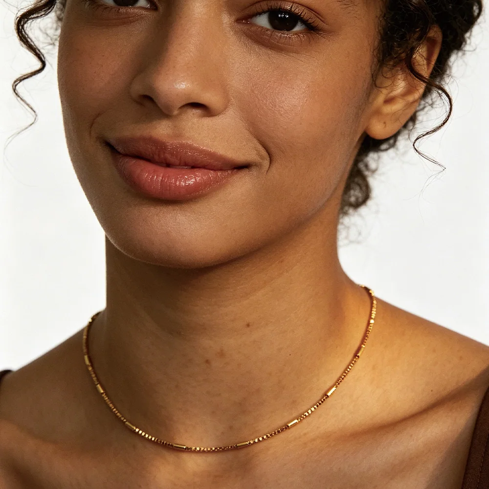 Gold Plated Box Chain with Cylinder Beads - 3