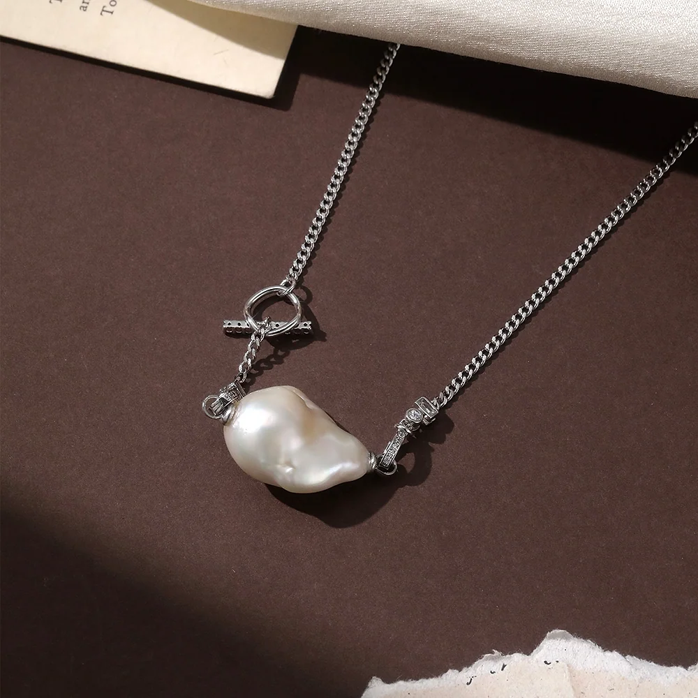 Silver Baroque Pearl Toggle Clasp Choker Necklace | SILVERAGE