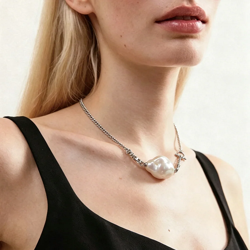 Silver Baroque Pearl Toggle Clasp Choker Necklace | SILVERAGE