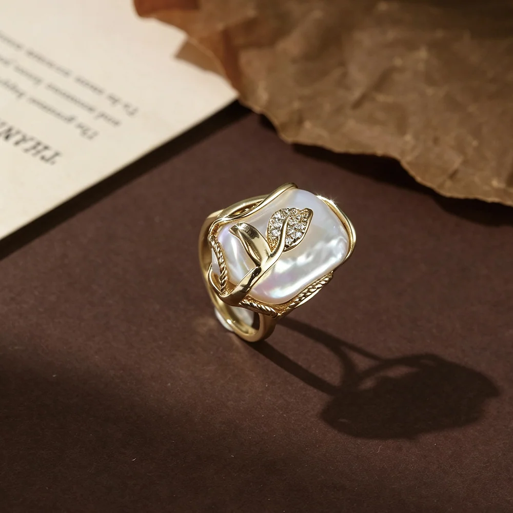 Gold Mother of Pearl Statement Ring with Crystal | SILVERAGE