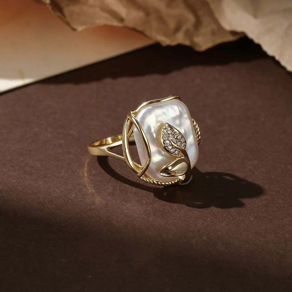 Gold Mother of Pearl Statement Ring with Crystal | SILVERAGE