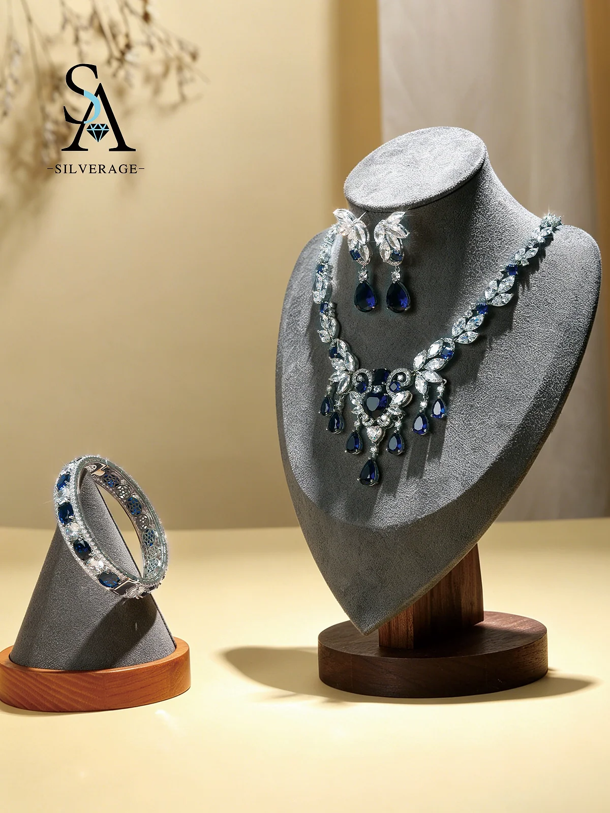 Bleu zircone cubique ensemble de bijoux de mariée alliage de cuivre collier formel boucles d'oreilles bangle - SILVERAGE