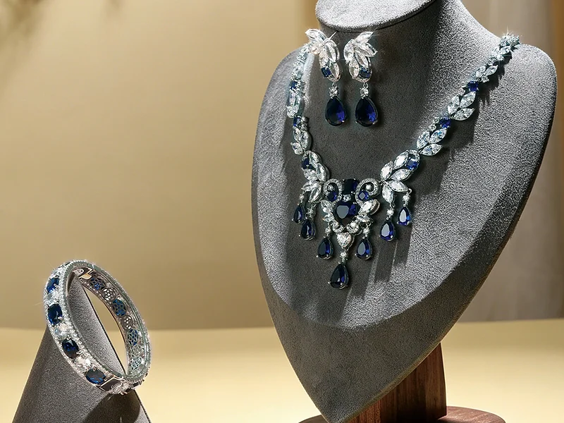 Bleu zircone cubique ensemble de bijoux de mariée alliage de cuivre collier formel boucles d'oreilles bangle - SILVERAGE