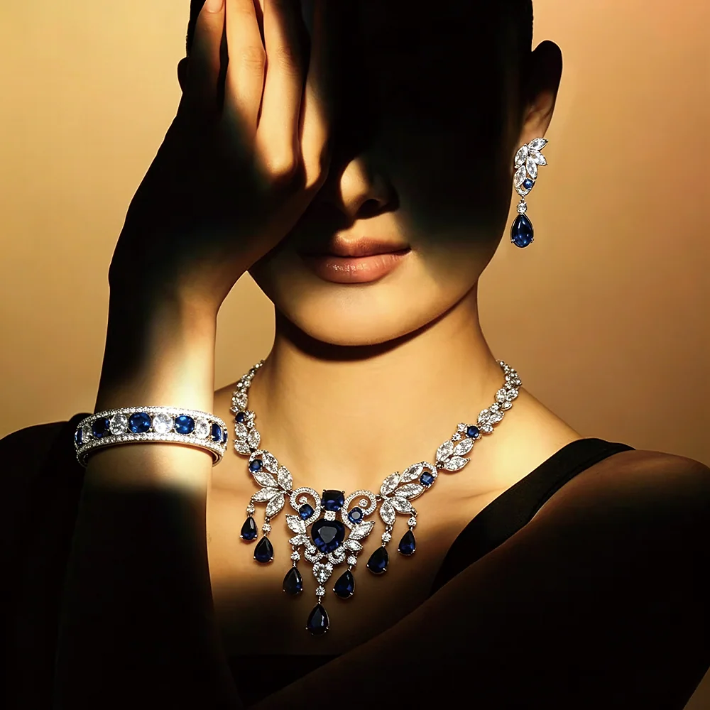 Blue Cubic Zirconia Bridal Jewelry Set Copper Alloy Formal Necklace Earrings Bangle - SILVERAGE
