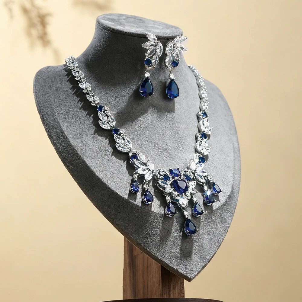 Blue Cubic Zirconia Bridal Jewelry Set Copper Alloy Formal Necklace Earrings Bangle - SILVERAGE