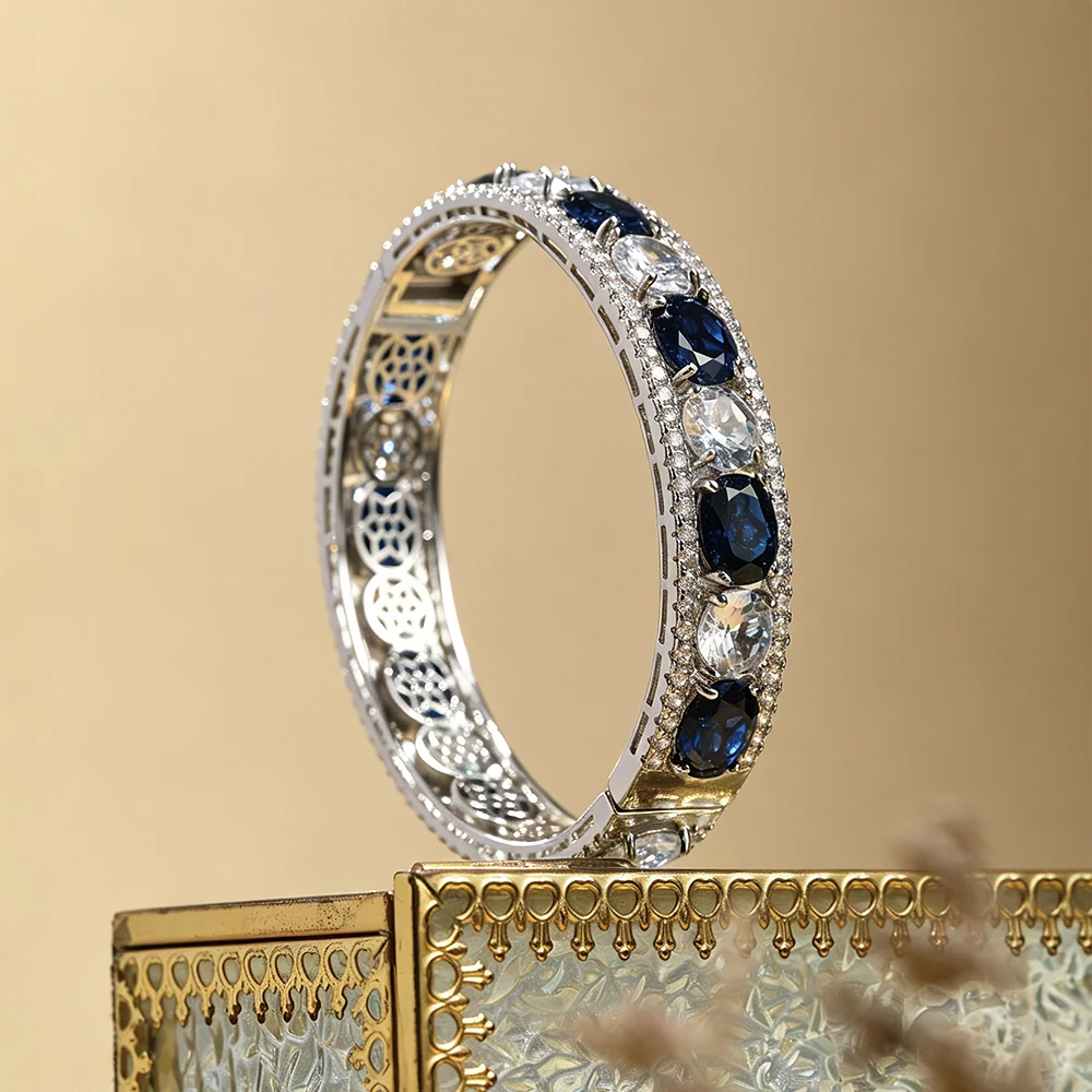 Blue Cubic Zirconia Bridal Jewelry Set Copper Alloy Formal Necklace Earrings Bangle - SILVERAGE