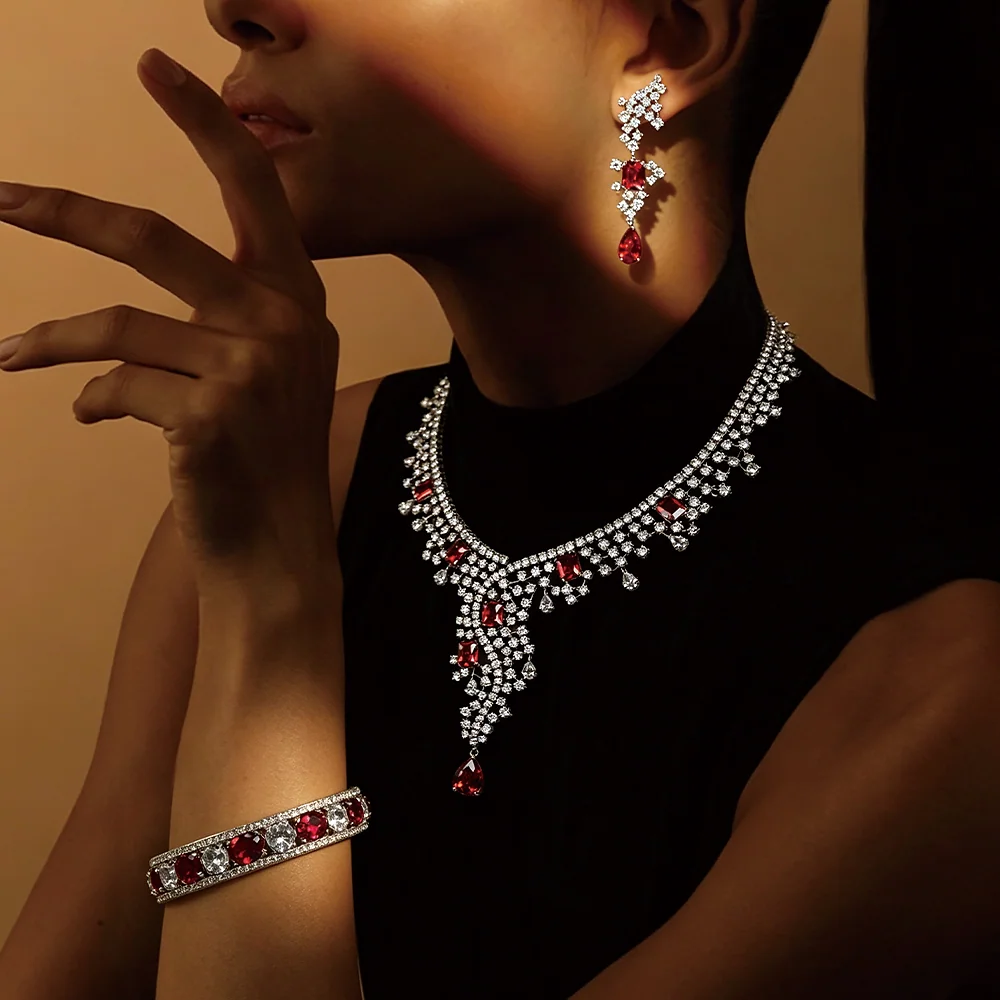 Ruby Red CZ 3 In 1 Bridal Jewelry Set Luxury Statement Necklace Dangle Earrings Hollow Bangle Formal Party Accessories SILVERAGE