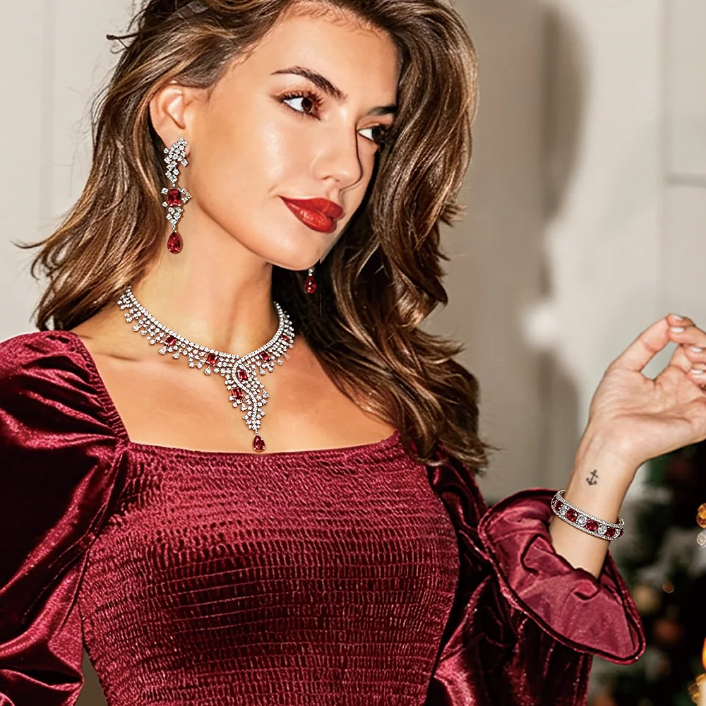 Ruby Red CZ 3 In 1 Bridal Jewelry Set Luxury Statement Necklace Dangle Earrings Hollow Bangle Formal Party Accessories SILVERAGE