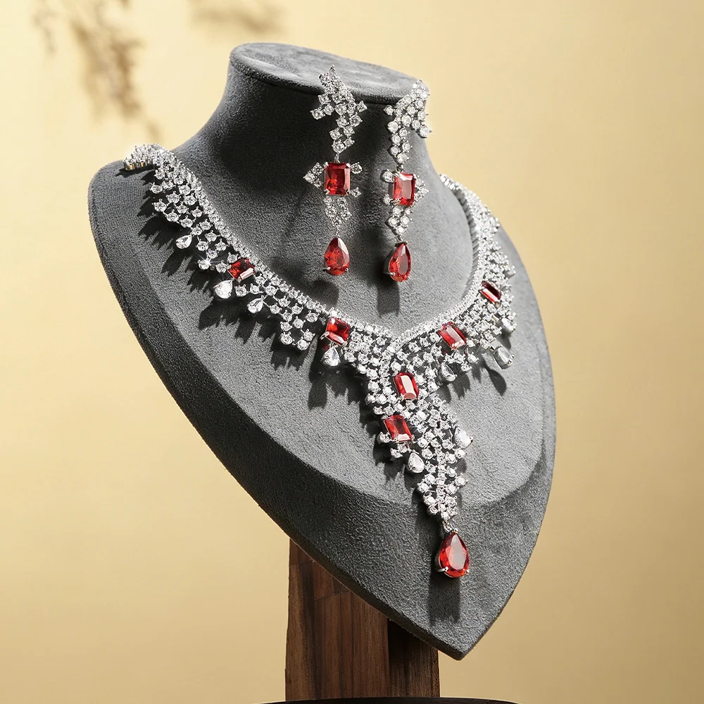 Ruby Red CZ 3 In 1 Bridal Jewelry Set Luxury Statement Necklace Dangle Earrings Hollow Bangle Formal Party Accessories SILVERAGE