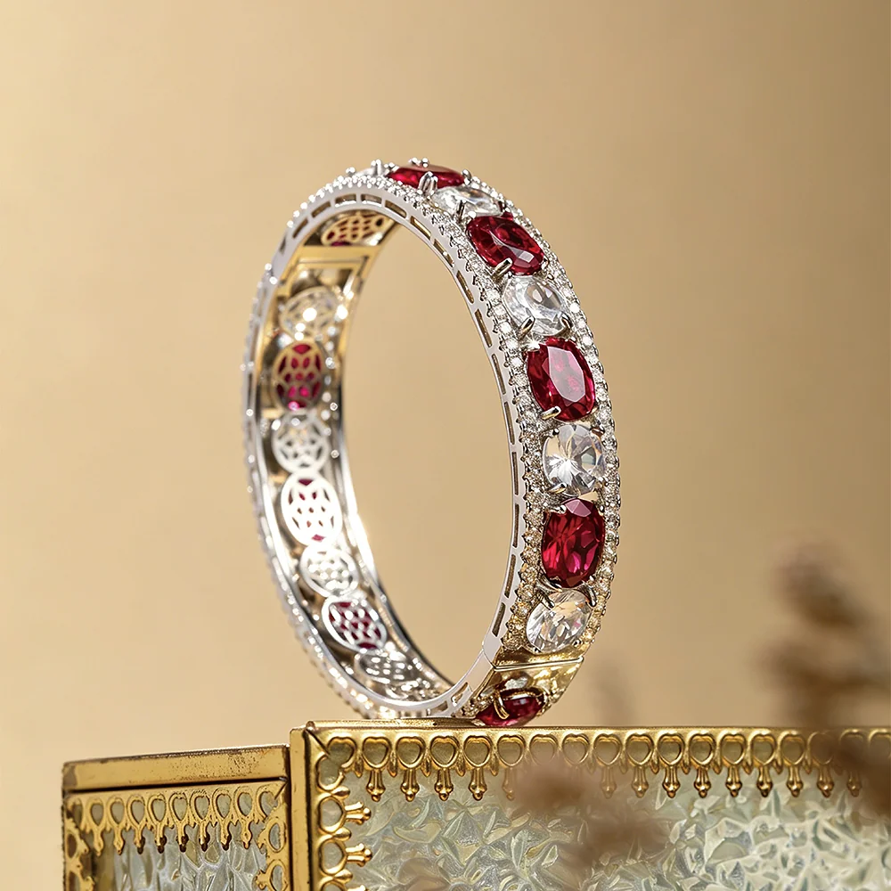 Ruby Red CZ 3 In 1 Bridal Jewelry Set Luxury Statement Necklace Dangle Earrings Hollow Bangle Formal Party Accessories SILVERAGE