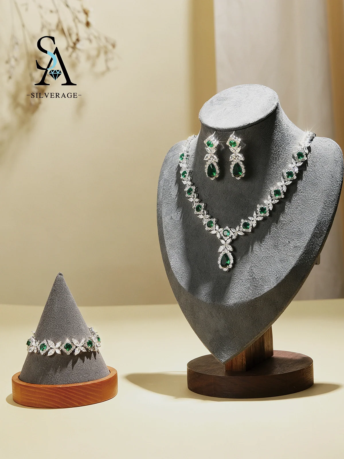Conjunto de joyería de lujo 3 en 1: corona nupcial, pendientes colgantes, collar de imitación de esmeralda y circonita cúbica para fiesta de graduación, boda, fiesta