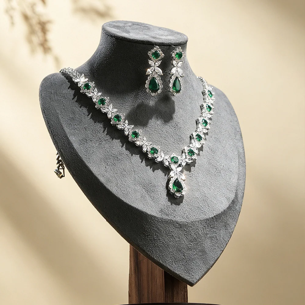Luxury Imitation Emerald Cubic Zirconia 3 In 1 Jewelry Set Bridal Crown Drop Earrings Necklace For Prom Wedding Party