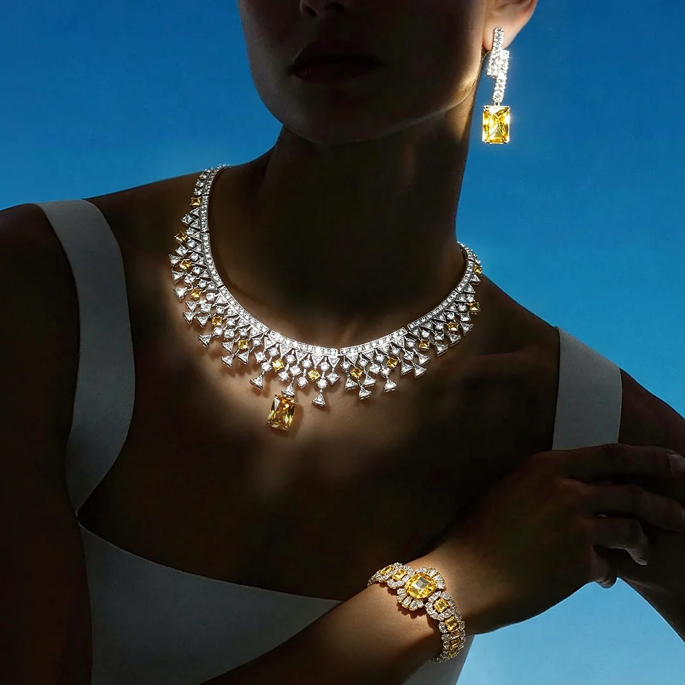 Vintage Royal Yellow Citrine Simulated Cubic Zirconia Full Jewelry Set Heavy Rhodium Plated Copper Alloy Wedding Bridal Necklace Drop Earring Bracelet Set For Women Gala Pageant | SILVERAGE