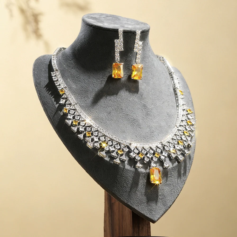 Vintage Royal Yellow Citrine Simulated Cubic Zirconia Full Jewelry Set Heavy Rhodium Plated Copper Alloy Wedding Bridal Necklace Drop Earring Bracelet Set For Women Gala Pageant | SILVERAGE